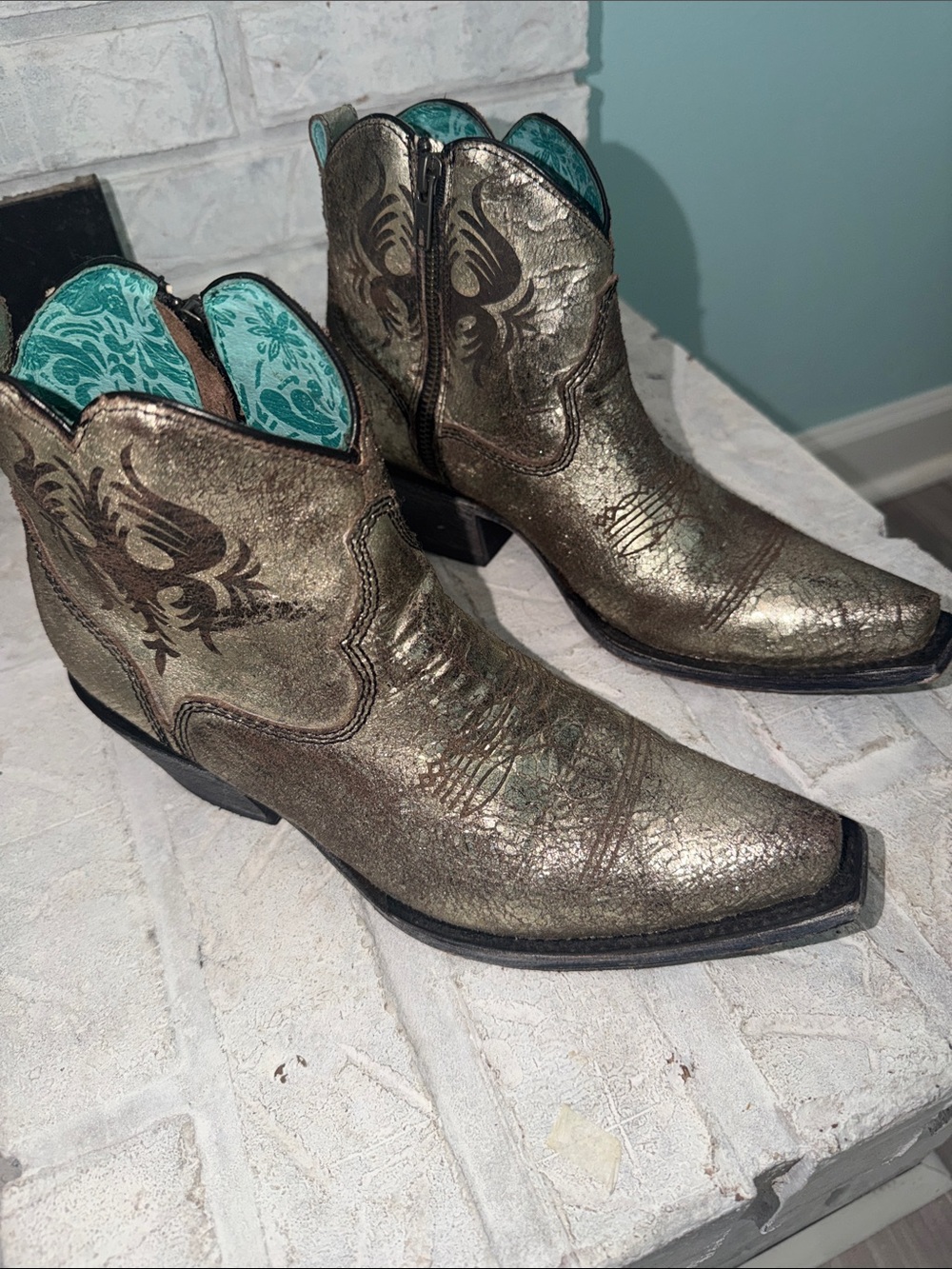 Corral Metallic Gold Ankle Western Booties with Turquoise Lining